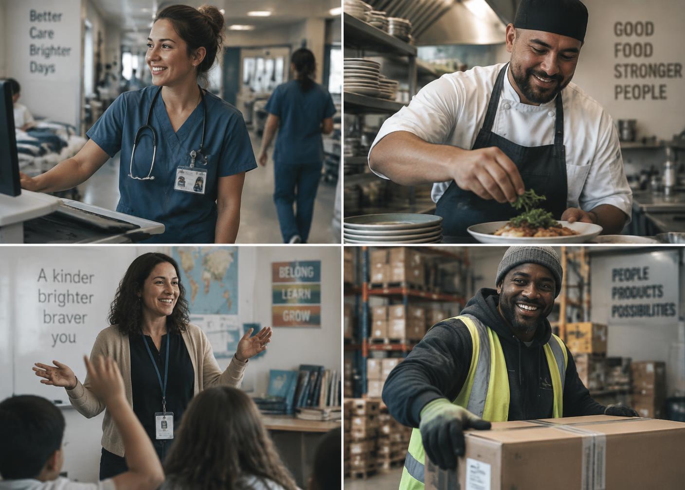 A nurse, a chef, a teacher and a warehouse worker during their shifts
